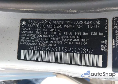 2003 BMW 330Xi из США, поврежденный, VIN WBAEW53433PG21857